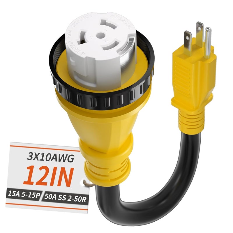 PlugSaf 50 Amp to 15 Amp 110V RV Adapter Plug, 15A Male to 50A Female RV Power Adapter with Twist Lock Plug, Dogbone Electrical for Camper, NEMA 5-15P SS 2-50R, 10/3 STW Cord 12" Yellow - Image 1